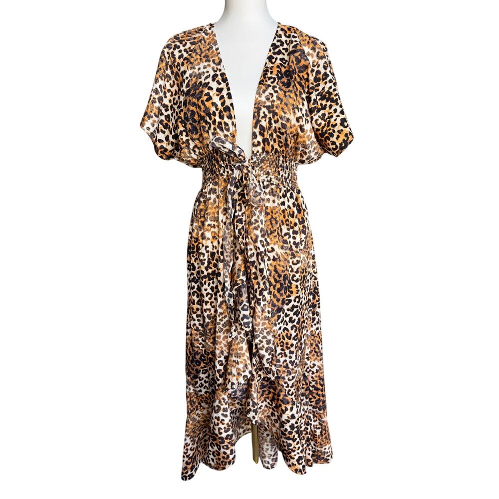 America & Beyond Leopard Print Kimono Coverup Duster Tie Waist Size Medium